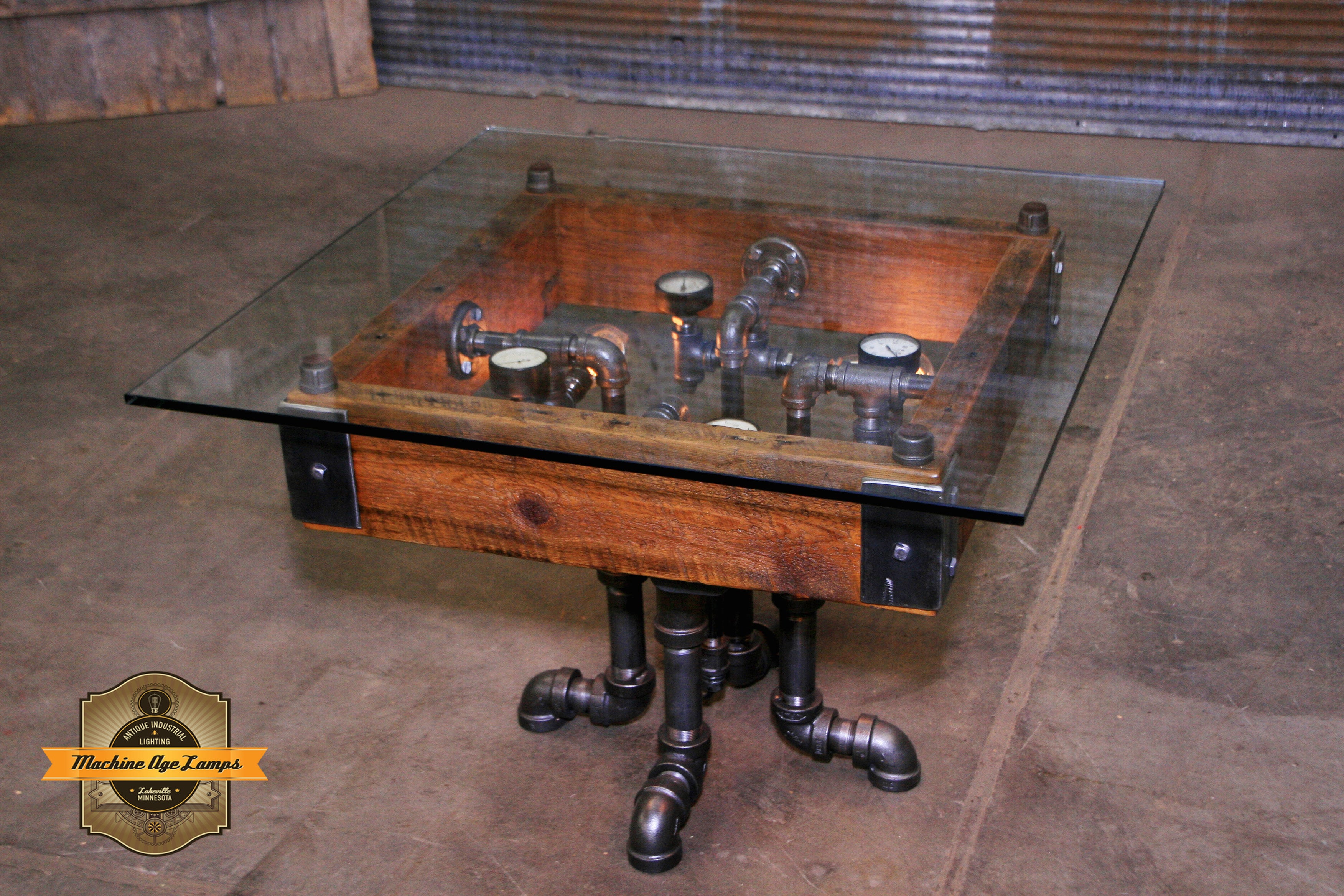 Steampunk Antique Industrial / Coffee Table / Barn Wood / Steam Gauge  #2718