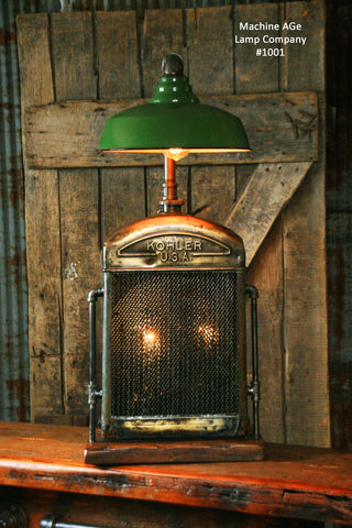 Steampunk Industrial Lamp, Brass Kohler Radiator, Green Shade #1001  SOLD