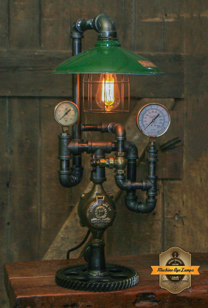 Steampunk Industrial Lamp / Antique Steam Gauge / Antique Service Station Shade / Gear / Lamp #4014