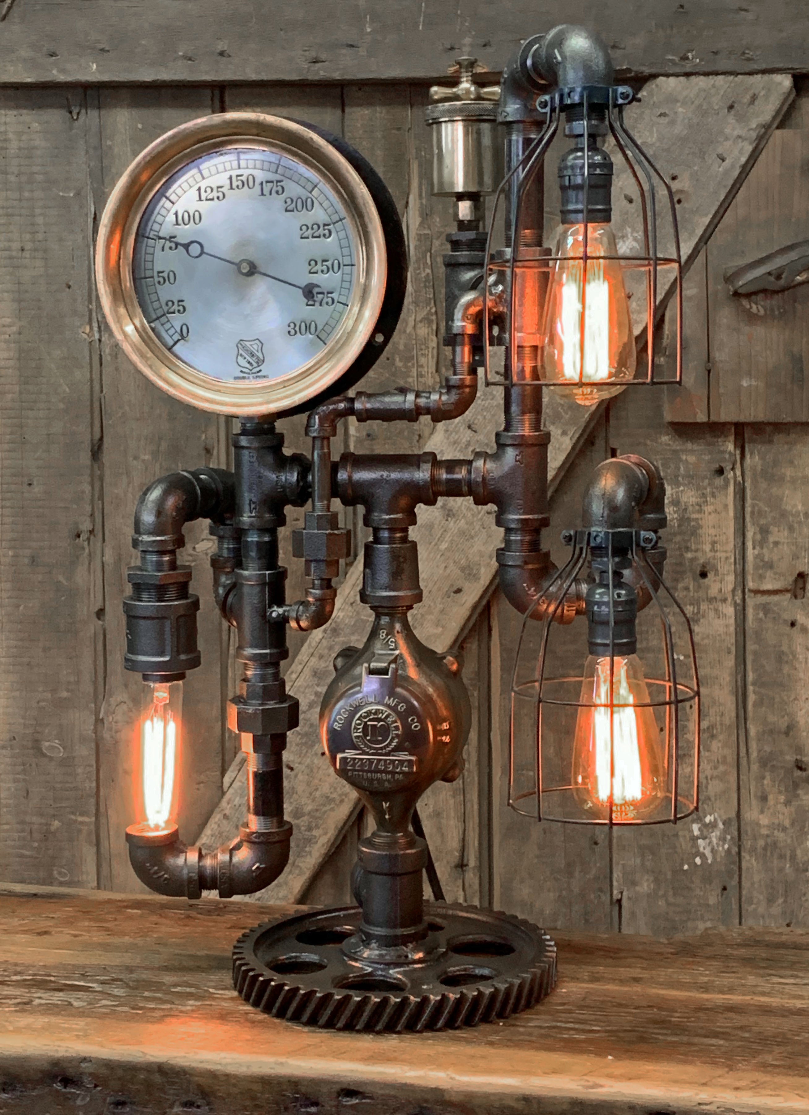 Steampunk Industrial / 8" Steam Gauge / Gear  / Gear Base / Lamp #2567