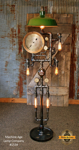 SteamPunk Industrial / Floor Lamp / Green Shade / Antique Steam Gauges / Gear #1534