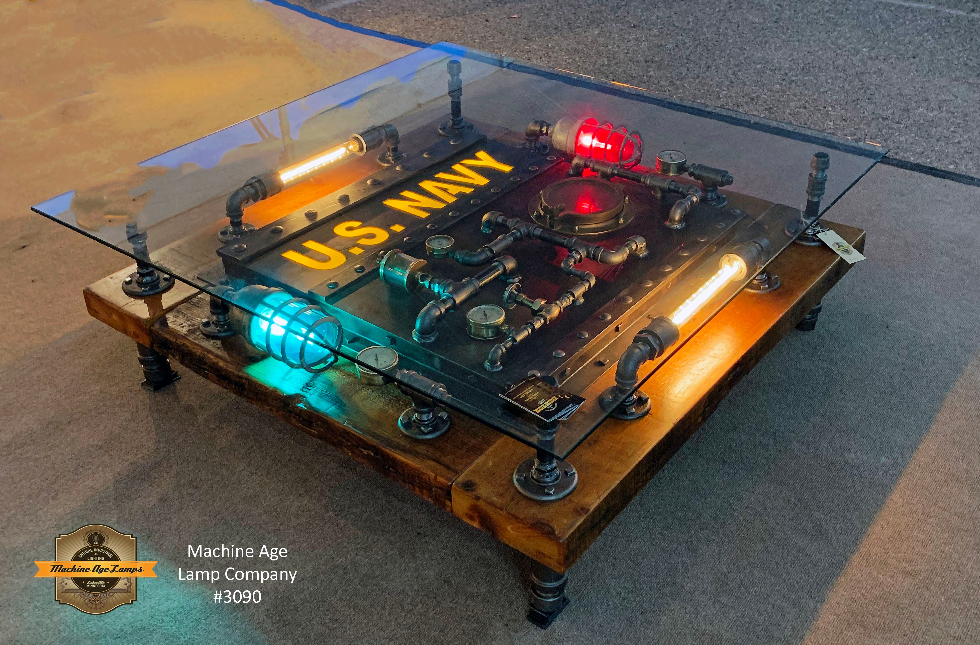 Steampunk Industrial / Barnwood  / 48" Square Glass Top / Nautical Coffee Table / Navy / #3090