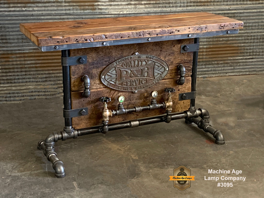 Steampunk Industrial Table / Antique Barn Wood / Antique Builder Plate  / Hallway Sofa Table #3095