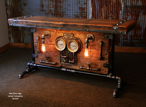 Steampunk Industrial / Table / Barn wood / Steam Gauge / York #1439 - SOLD