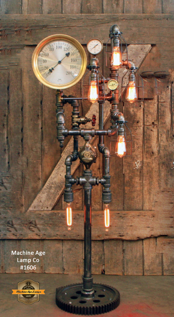 Steampunk Industrial / Antique Steam Gauge / Gear Base / Floor Lamp Light / #1606