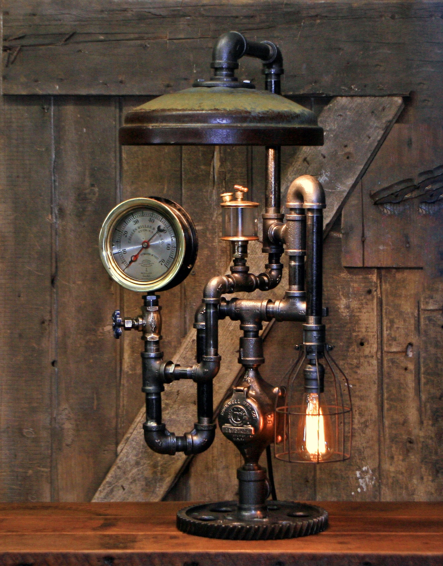 Steampunk Industrial / Antique Chicken Feeder Shade / Steam Gauge / Boston / NY L:amp #2683