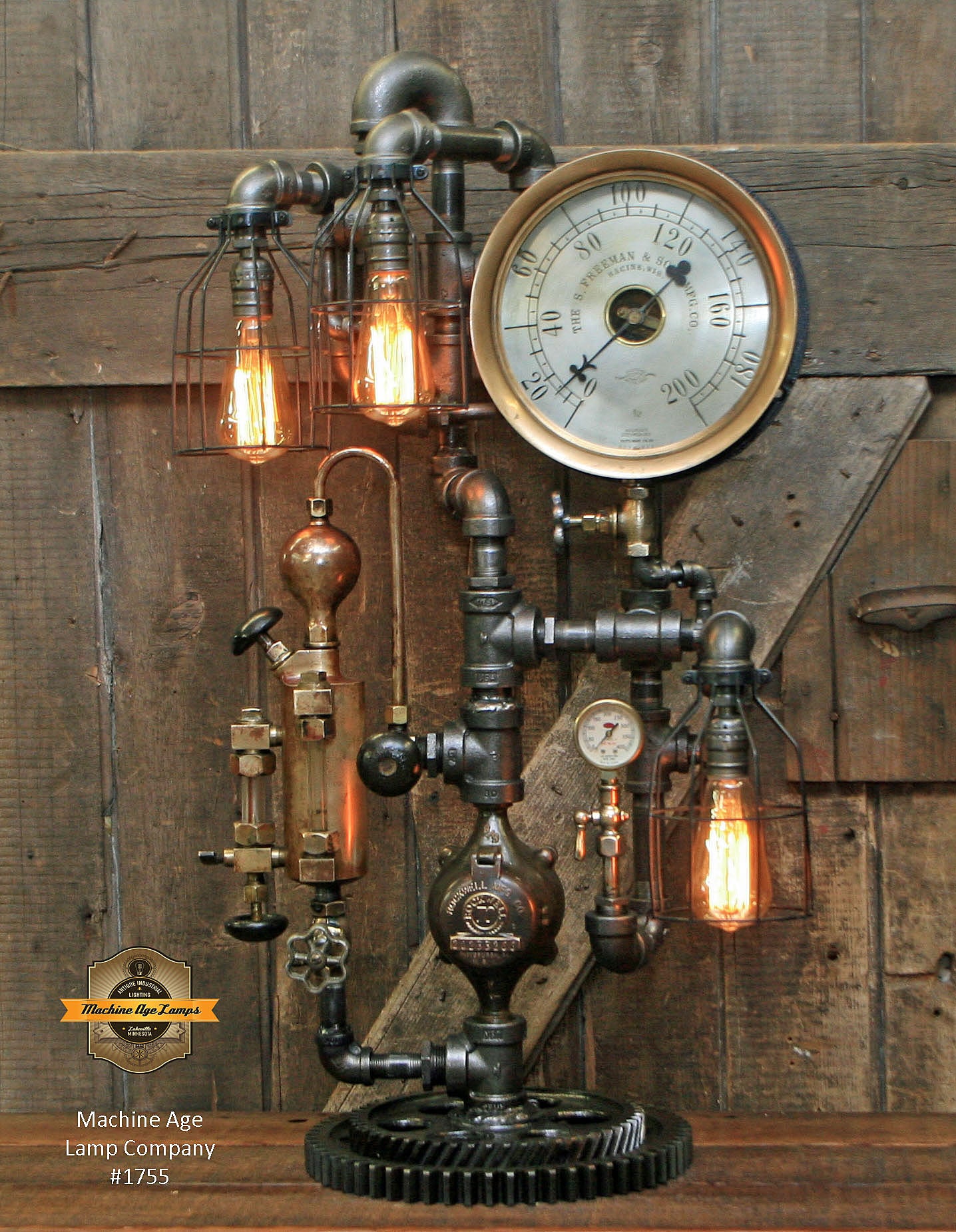 Steampunk Industrial Lamp / Antique Steam Gauge / Brass Oiler / Gear / Racine Wi / Lamp #1755