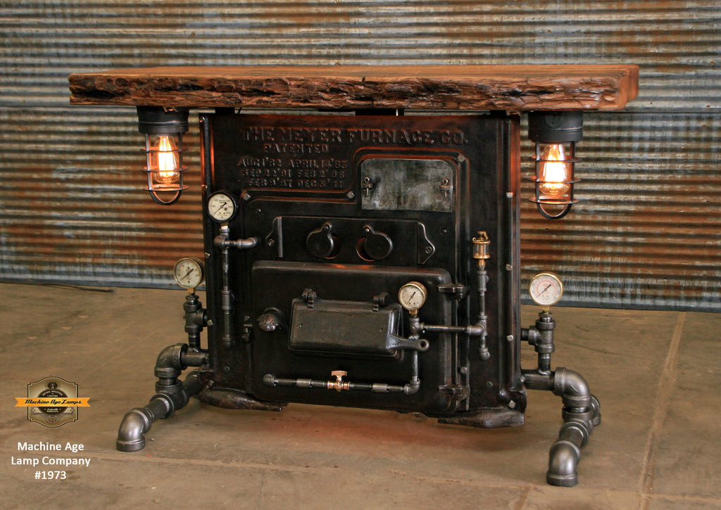Steampunk Industrial / Antique Boiler Stove Front / Barnwood top / Steam Gauge / Table #1973 sold