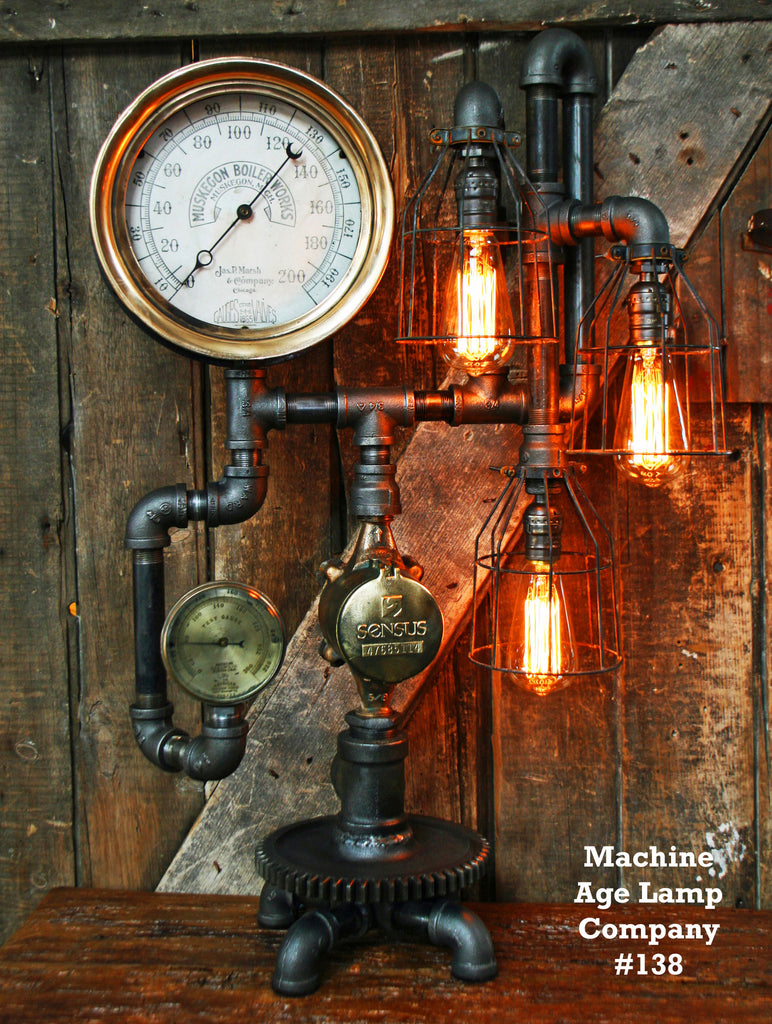 Steampunk Industrial Lamp Antique Steam Gauge - 138 - SOLD