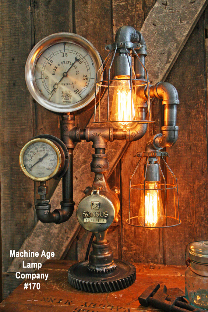 Steampunk Lamp, Antique Gear and Steam Gauge #170 - SOLD