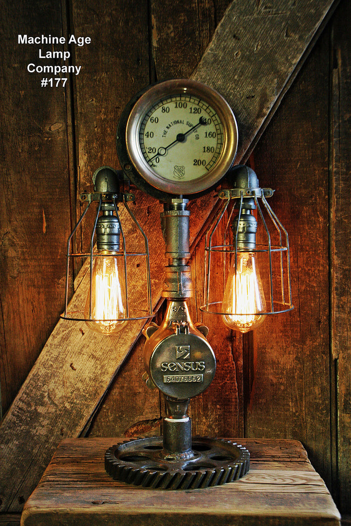 Steampunk Lamp, Antique Steam Gauge and Gear Base #177