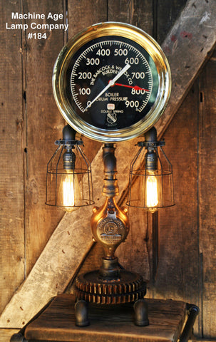 Steampunk Lamp, Antique 12" Steam Gauge and Gear Base #184 - SOLD