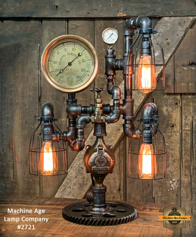 Steampunk Industrial / Machine Age Lamp / Antique Steam Gauge  / General Electric / Lamp #2721