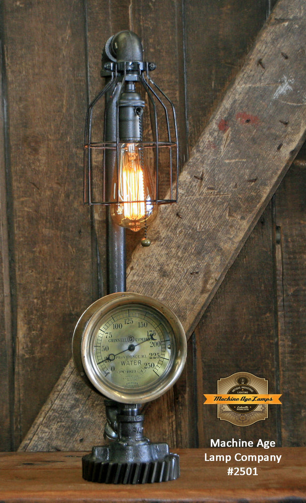 Steampunk Industrial Lamp / Antique Steam Gauge / Gear / Boston / Lamp #2501