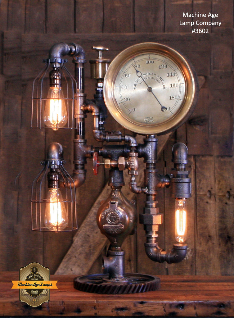 Steampunk Industrial / Steam Gauge Lamp / W.M. Bros Boiler / Mineapolis / Gear  /  Lamp #3557