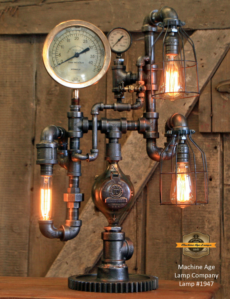 Steampunk Industrial Lamp / Roselle NJ / Steam Gauge / Gear / Lamp #1947  - sold