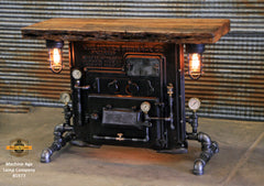 Steampunk Industrial / Antique Boiler Stove Front / Barnwood top / Steam Gauge / Table #1973 sold