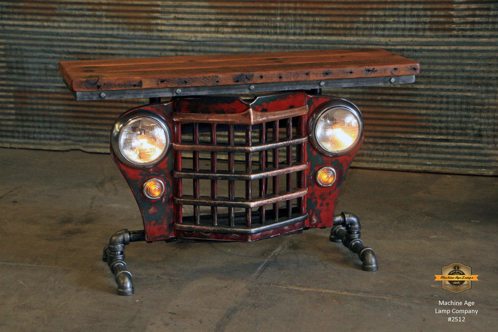 Steampunk Industrial / Willys Jeep / Grill Table / Barnwood Top / Red /  Table #2512