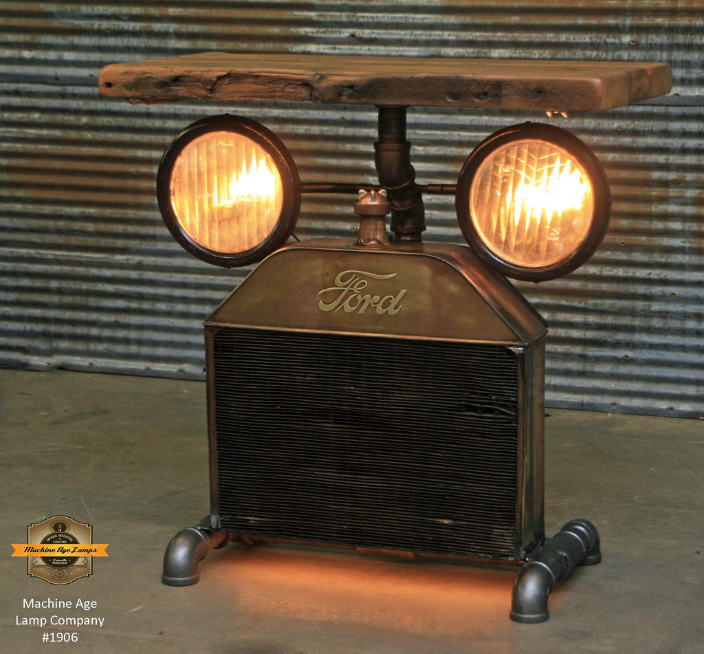 Steampunk Industrial Table / Antique Ford Model T Radiator and Headlamps / Barnwood / Table #1906
