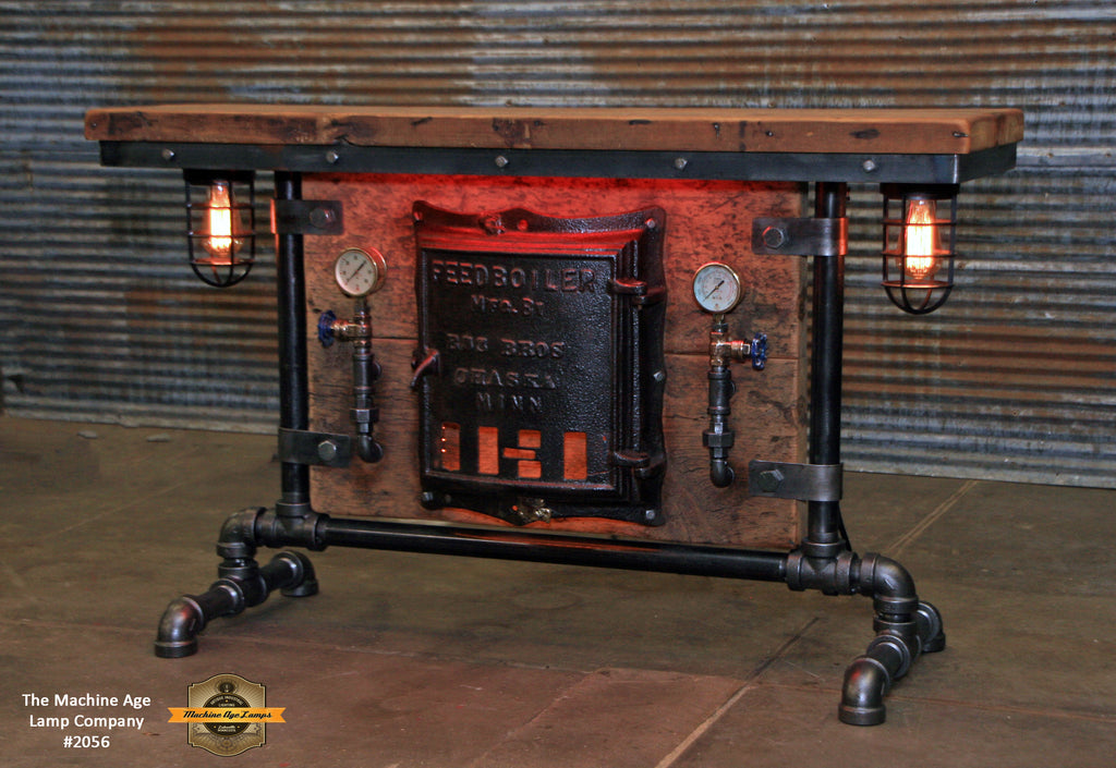Steampunk Industirial Table / Antique Barn Wood / Furnace Door / Hallway Sofa Table #2056