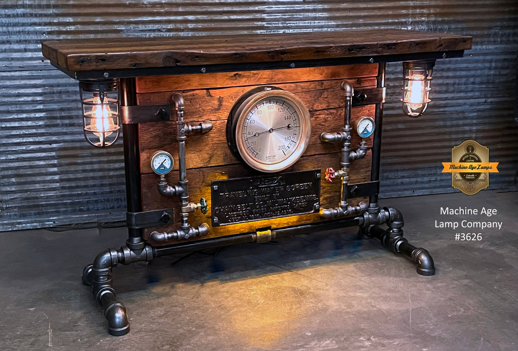 Steampunk Industrial Table / Pub, sofa console / Antique builder Plate Rex / Steam Gauge / Barnwood / Table #3626
