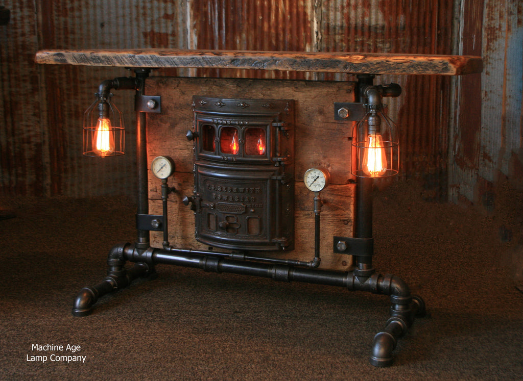 Antique Steampunk Industrial Boiler Door Table Stand, Reclaimed Wood Top - #1005