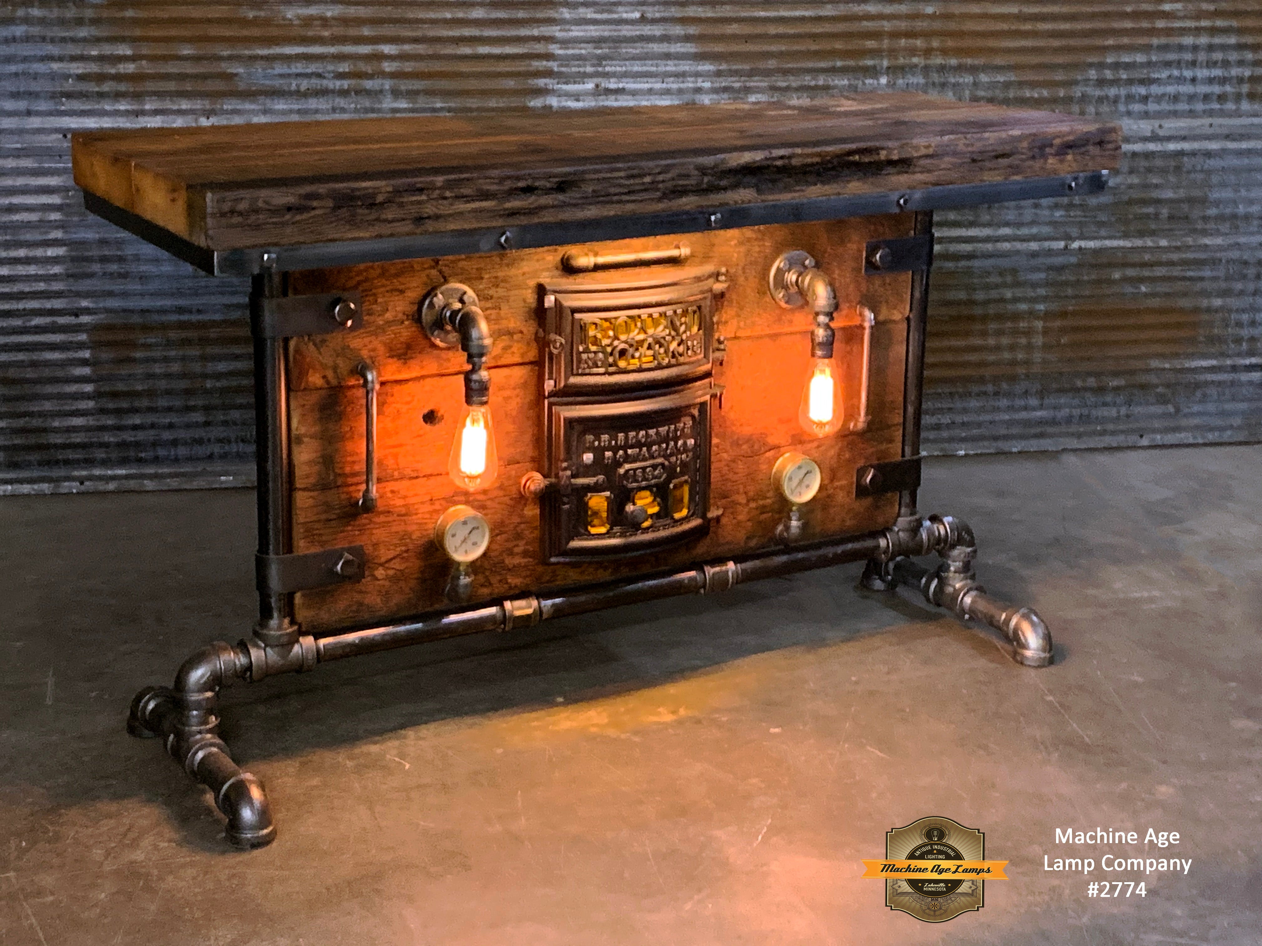 Antique Steampunk Industrial Boiler Door Table Stand / Round Oak / Reclaimed BarnWood Top - #2774