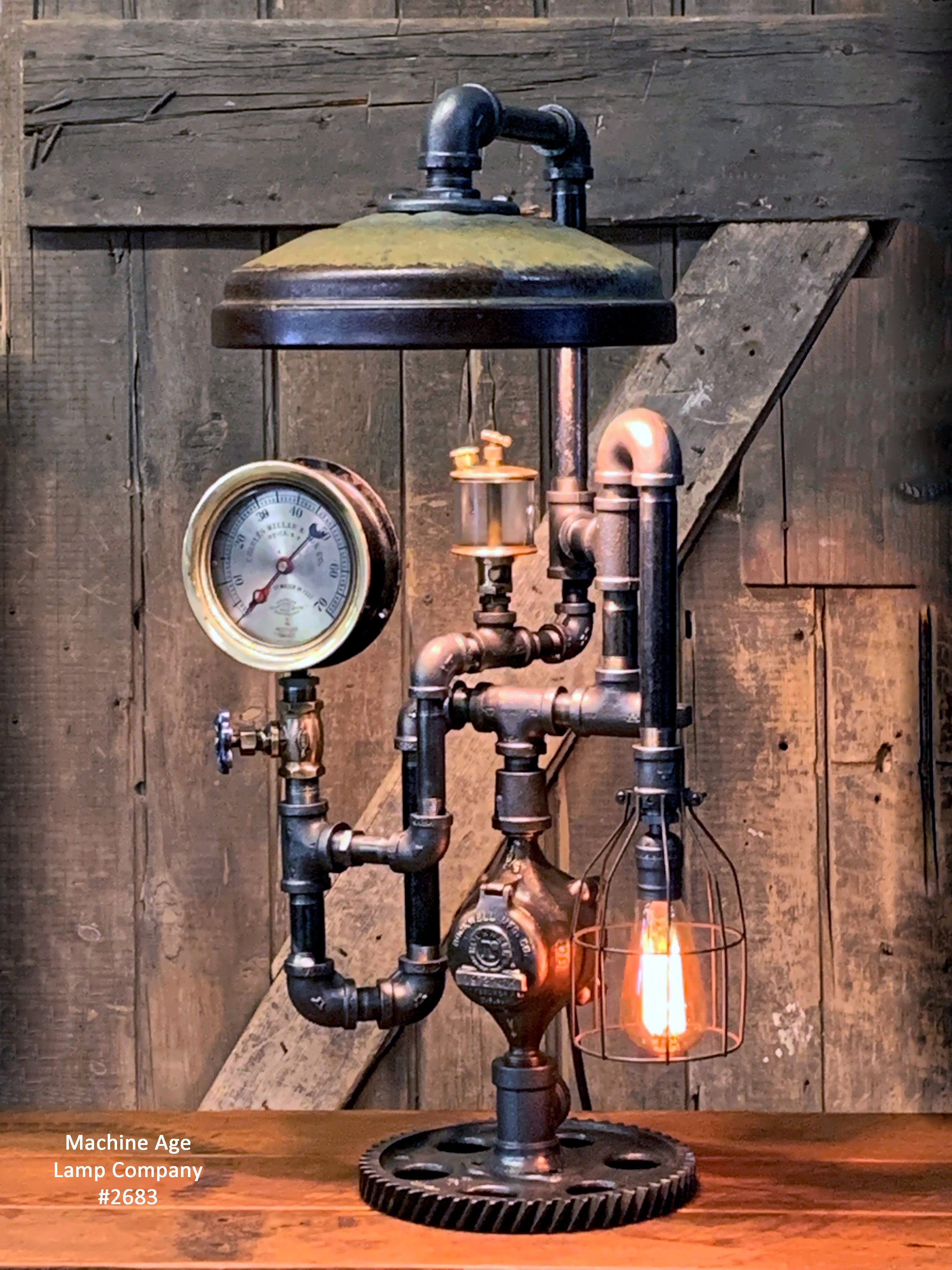 Steampunk Industrial / Antique Chicken Feeder Shade / Steam Gauge / Boston / NY L:amp #2683