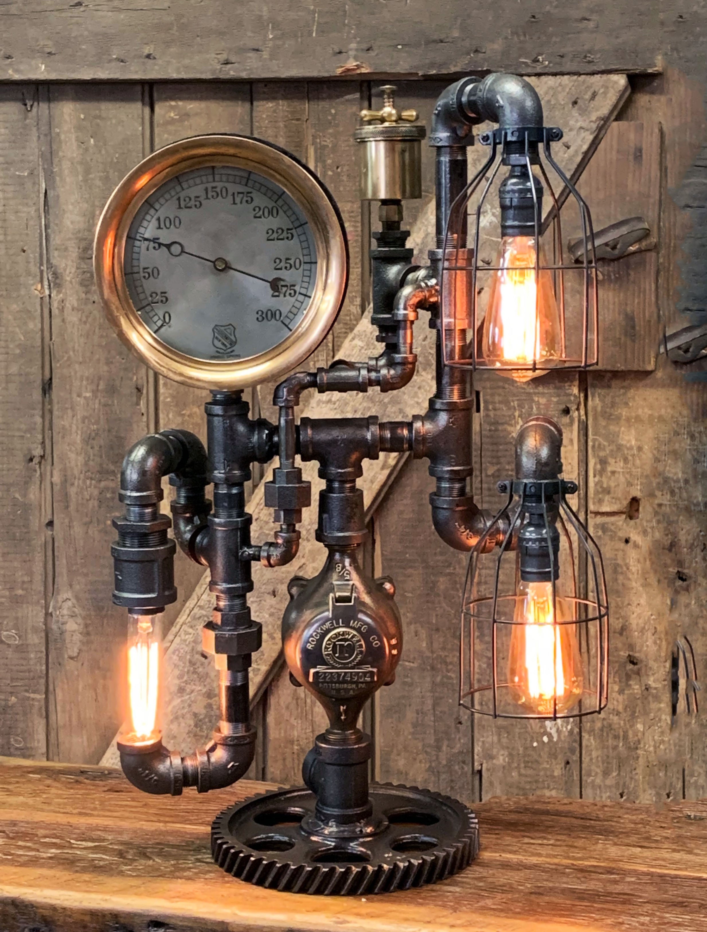 Steampunk Industrial / 8" Steam Gauge / Gear  / Gear Base / Lamp #2567