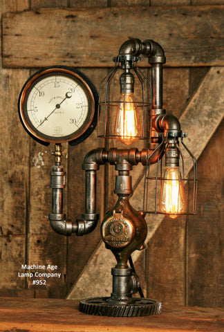 Steampunk Industrial Pipe Lamp, Antique 6" Steam Gauge , #952 sold