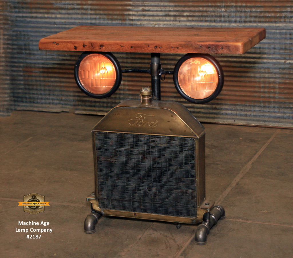 Steampunk Industrial Table / Antique Ford Model T Radiator and Headlamps / Automotive  / Barnwood / Table #2187 sold