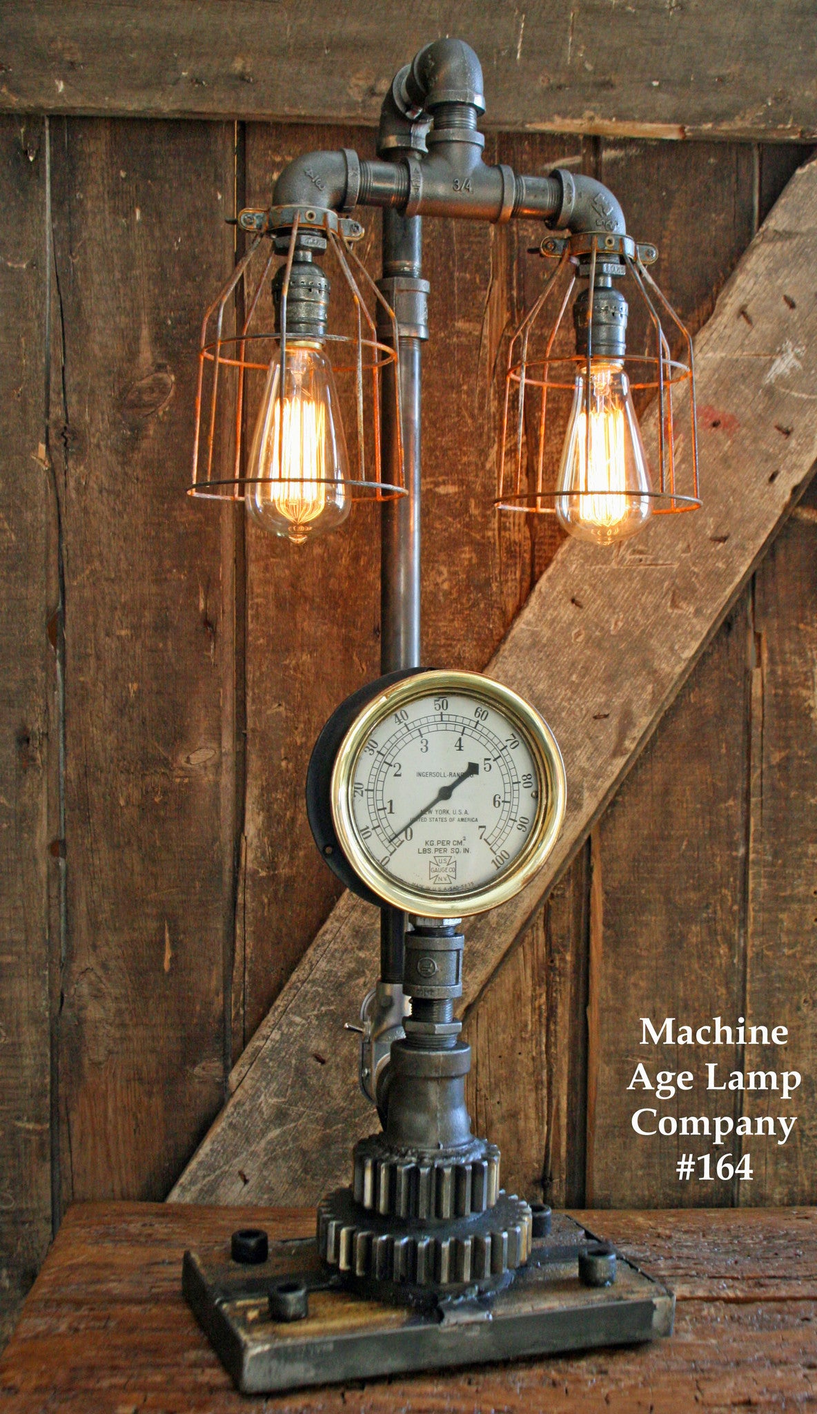 Steampunk Lamp, Antique Barn Wood and Pressure Gauge - #164