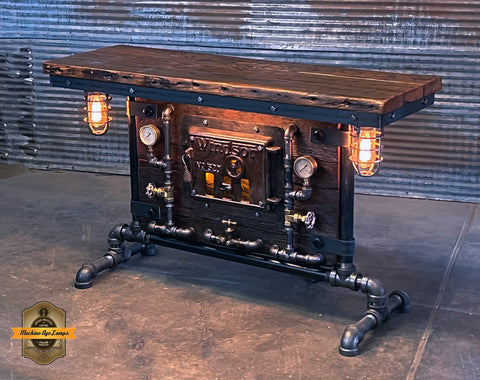 Steampunk Industrial Table / Pub, sofa console / Antique Furnace Door /  Barnwood / Table #4076