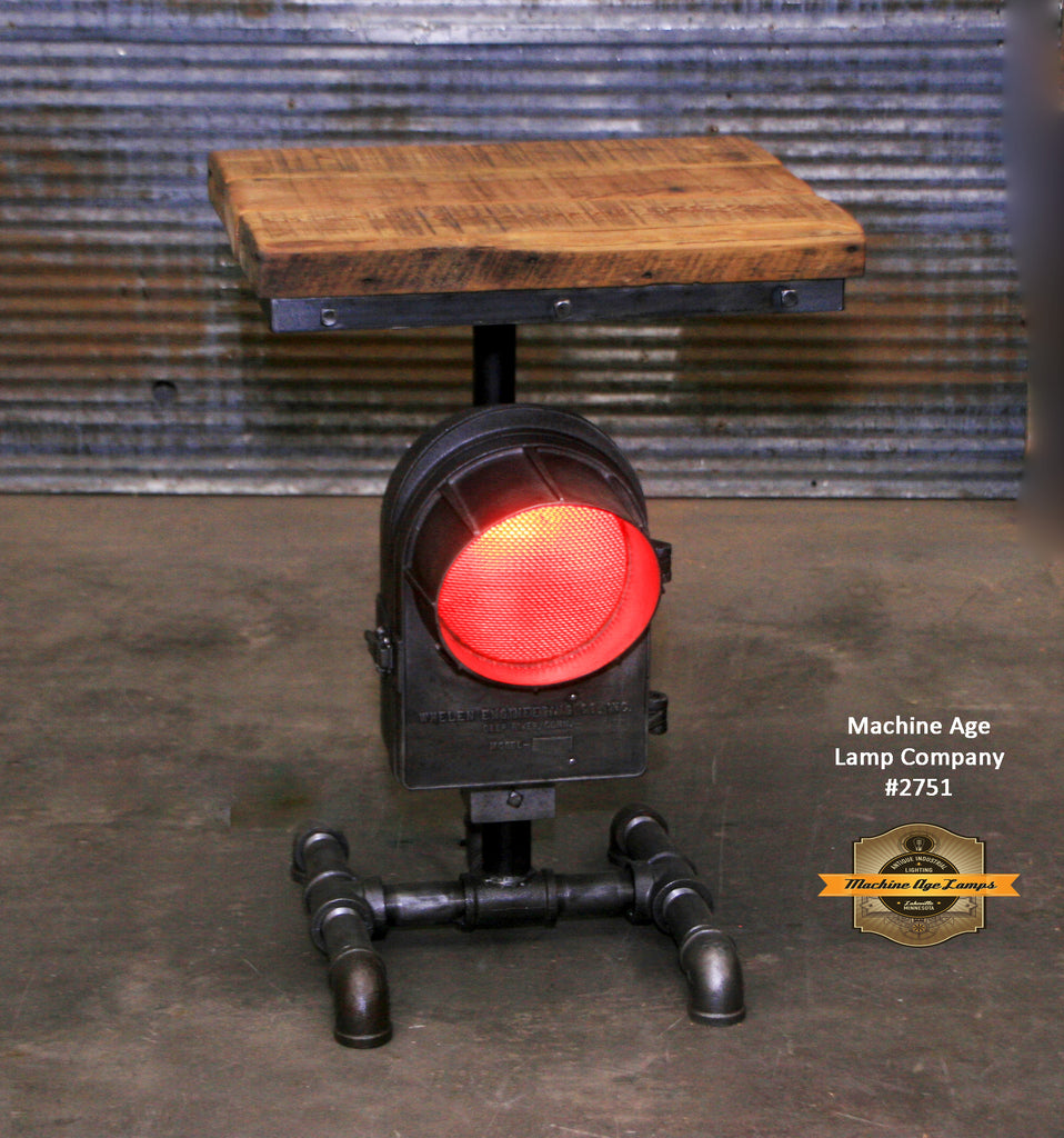 Antique Steampunk Industrial Railroad Train Crossing Light / Table Stand, Reclaimed Wood Top - #2719 sold