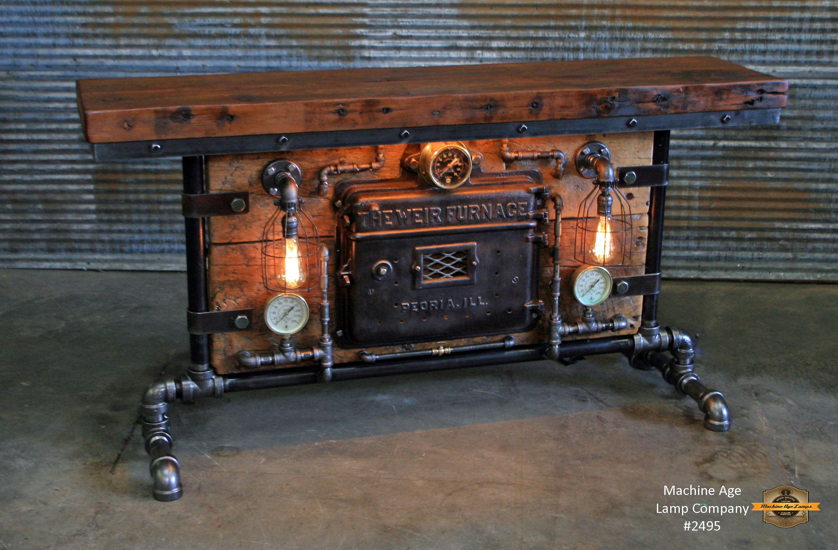 Steampunk Industrial / Antique Boiler Stove Door / Steam Gauge / Barn Wood / table #2495