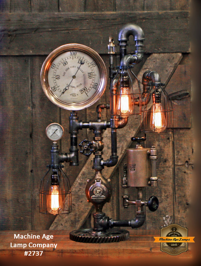 Steampunk Industrial / Antique Steam Gauge and Oiler / Gear / Dayton Ohio /  Lamp #2737