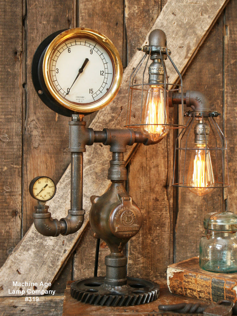 Steampunk Lamp, Antique 6" Steam Gauge and Gear Base #319 SOLD