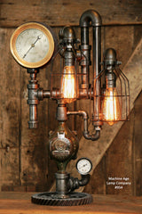 Steampunk Industrial Pipe Lamp, Antique Steam Gauge - #954
