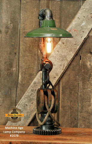 Steampunk Industrial Machine Age Lamps / Barm Pulley / Green Shade / Gear / Lamp #2079