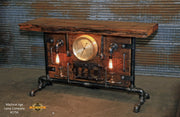 Antique Steampunk Industrial Boiler Door Table Stand / Steam Gauge   / Reclaimed BarnWood Top - #2794