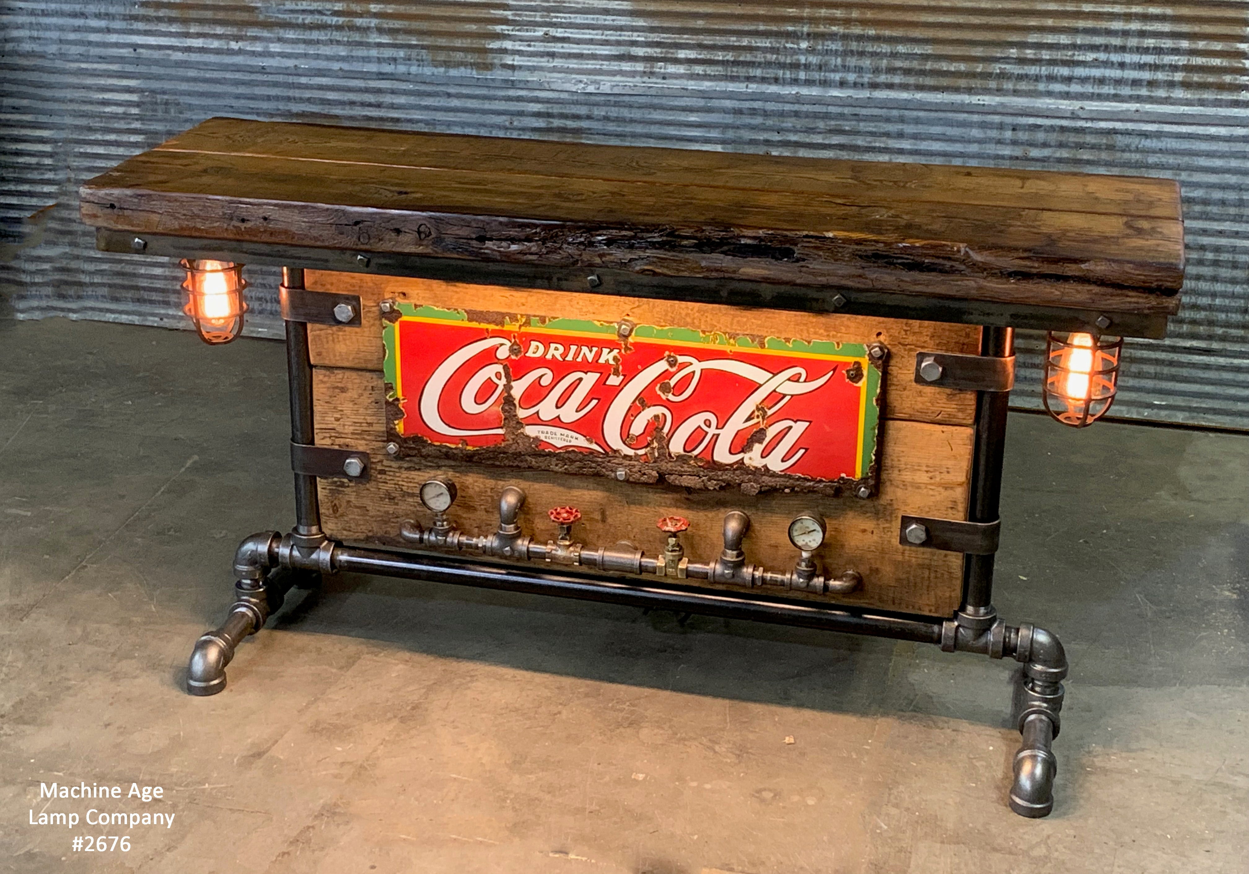Steampunk Industrial / Antique 1920's Coke Sign / Steam Gauge / Barn Wood / table #2676