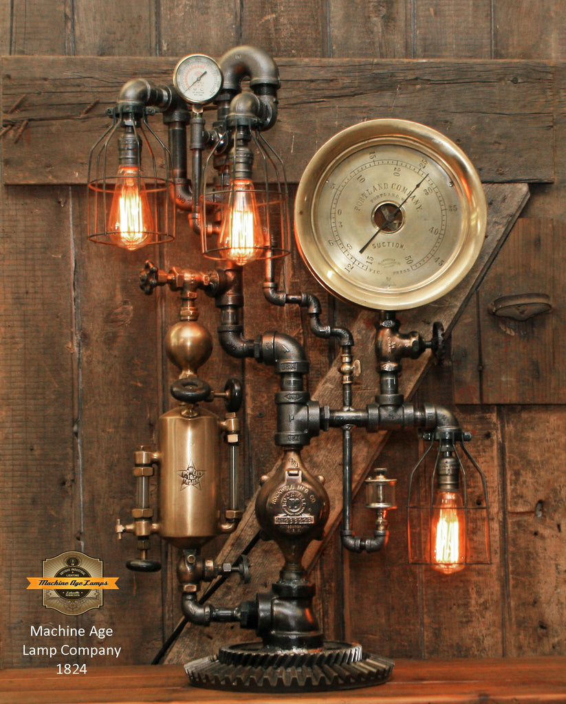 Steampunk Industrial / Antique Steam Gauge and Brass Oiler / Portland ME / Lamp #1824