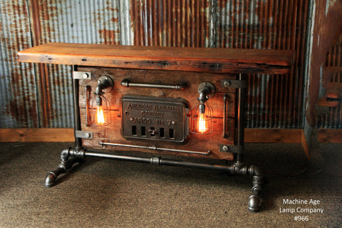 Steampunk Industrial, Lighted Barn wood Furnace Door Table, Console #966