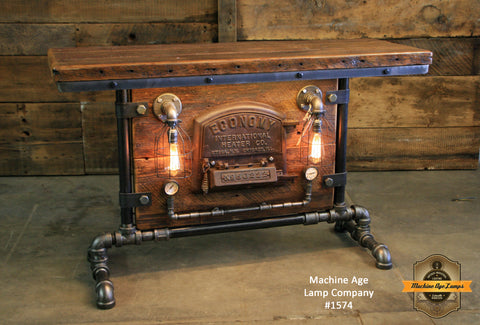 Steampunk Industrial / Antique Barn Wood / Boiler Door / Lighting / Table #1574