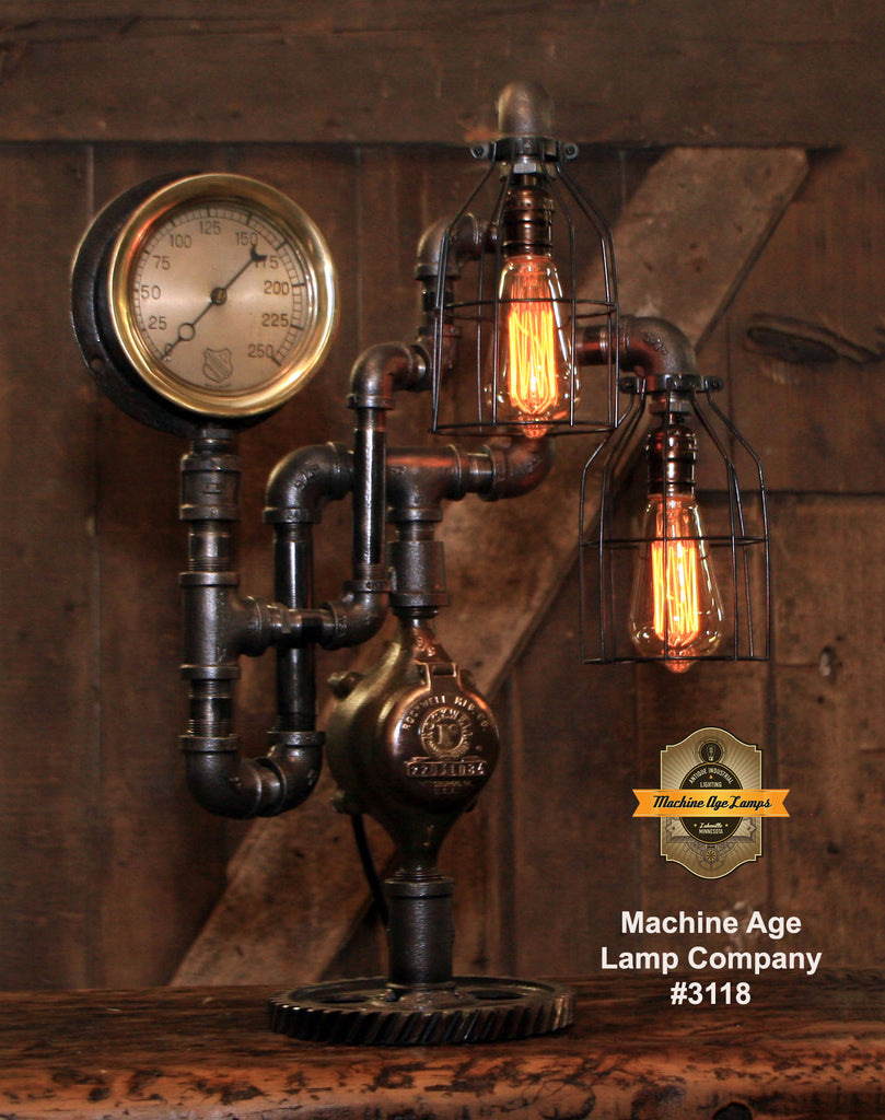 Steampunk Industrial / 6" Steam Gauge / Gear  / Gear Base / Lamp #3118