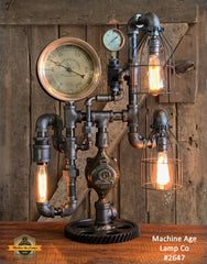 Steampunk Industrial / Machine Age Lamp / Antique Steam Gauge  / Worchester MA / Lamp #2647
