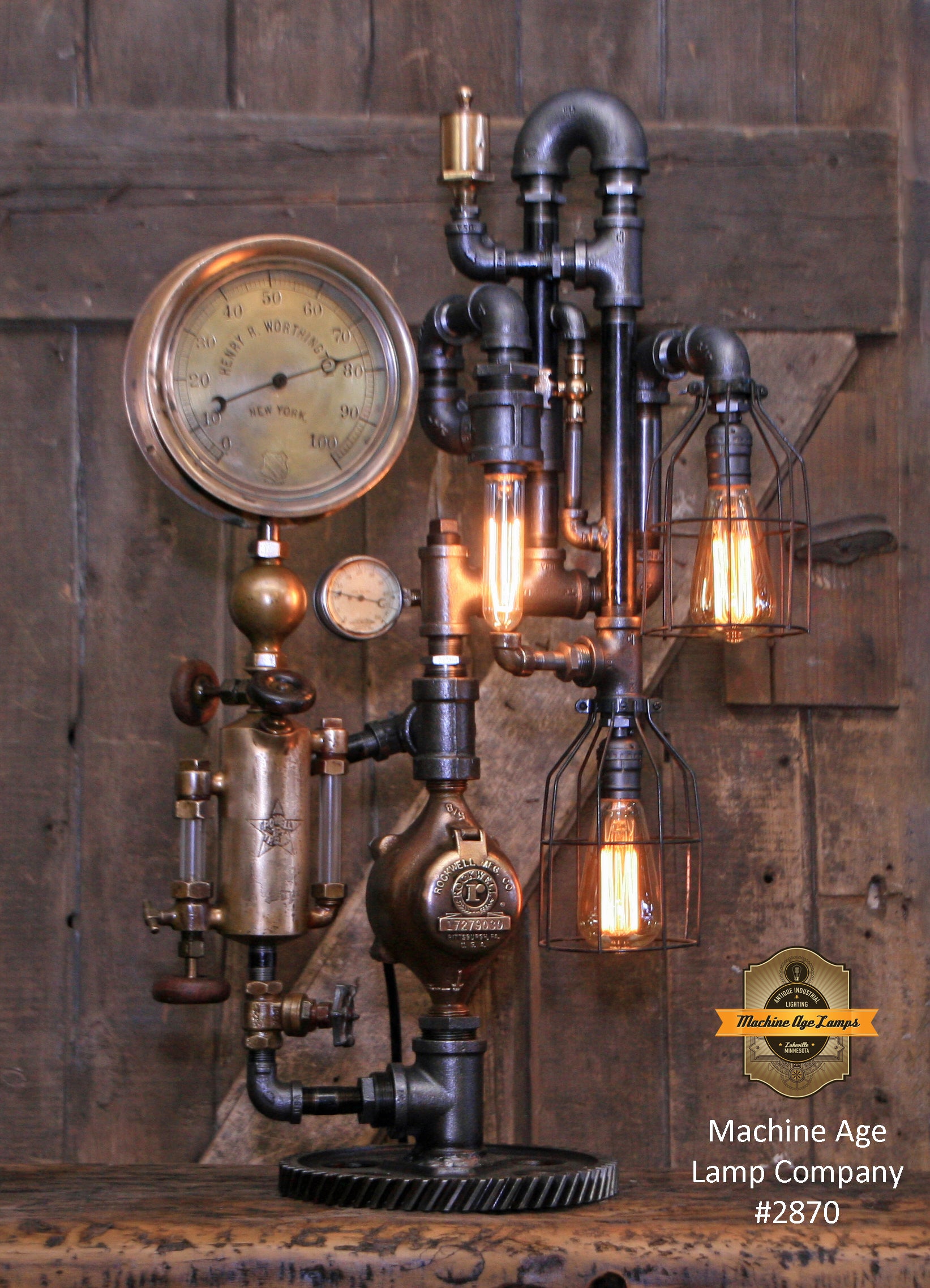 Steampunk Industrial New York Oiler Lamp with Antique Steam Gauge #2870