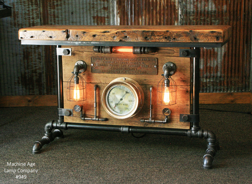 Steampunk Industrial Table, Barn Wood, Rail Road Steam Gauge- #949 sold