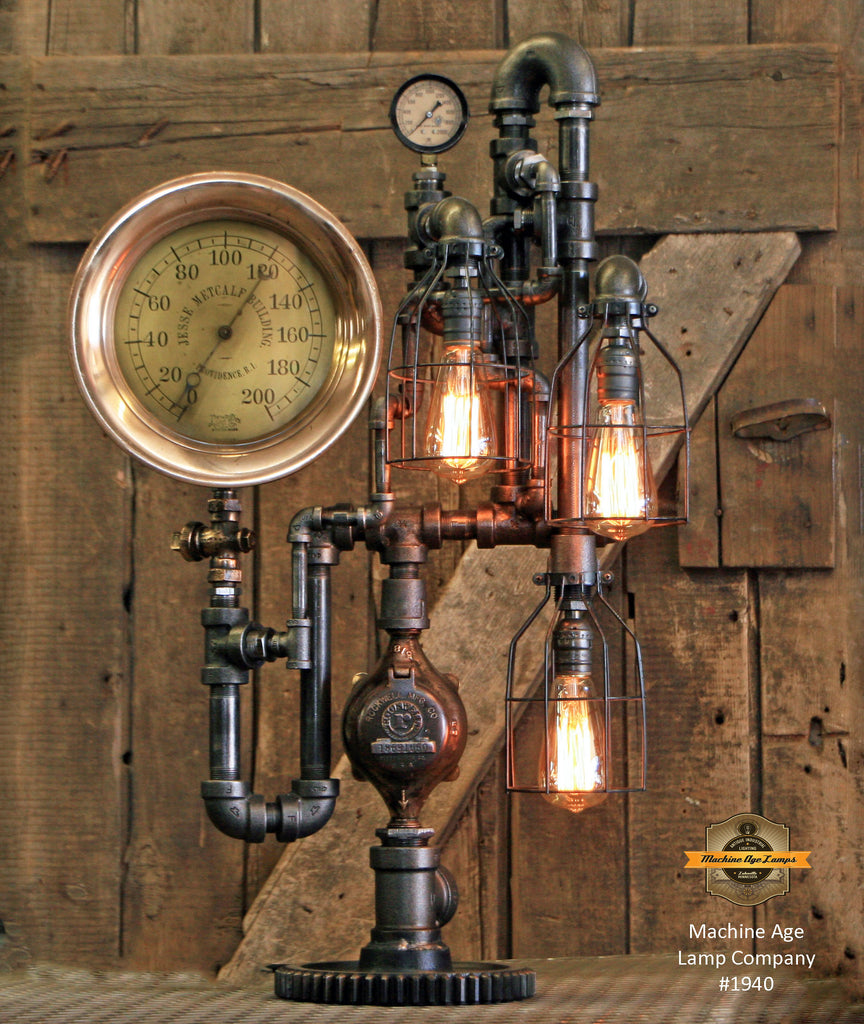Steampunk Industrial / Antique Steam Gauge Lamp / Metcalf / Providence RI / Lamp #1940