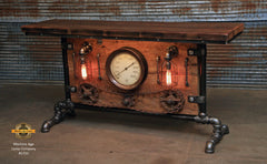 Steampunk Industrial Table, Lamp Stand, Console, Barn wood & Steam Gauge - #1733